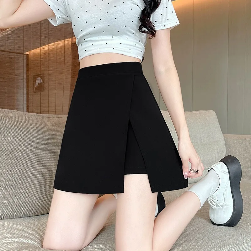 High Waist Asymmetrical Black Mini Skirt Women's Summer plus Size Slimming Tummy Covering Short Skirt Elegant Design