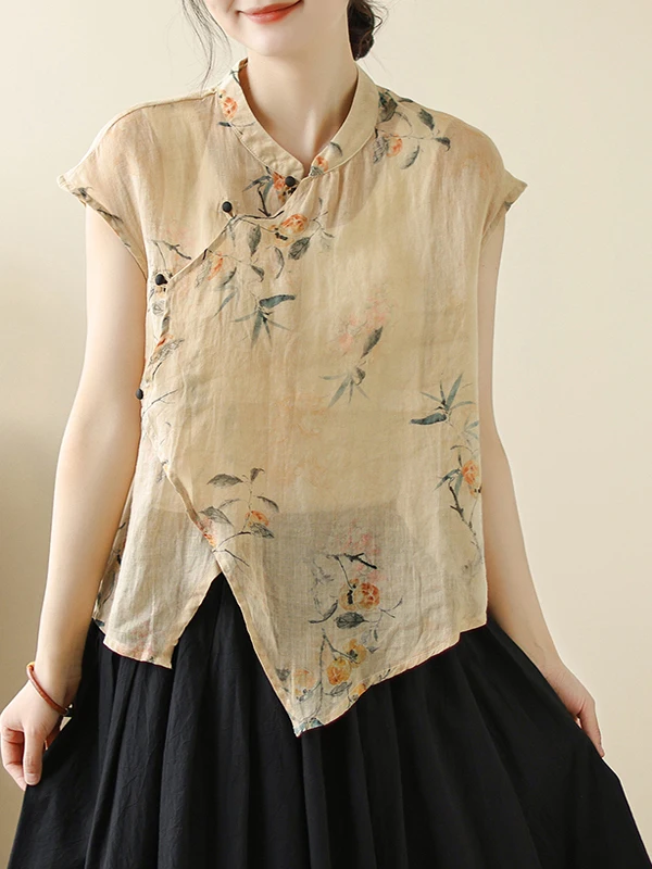 Retro chiński top damski z nadrukiem, wykonany z bawełny i lnu, idealny na lato, o regularnym kroju, ze stójką, zapinany na guziki, o luźnym kroju.