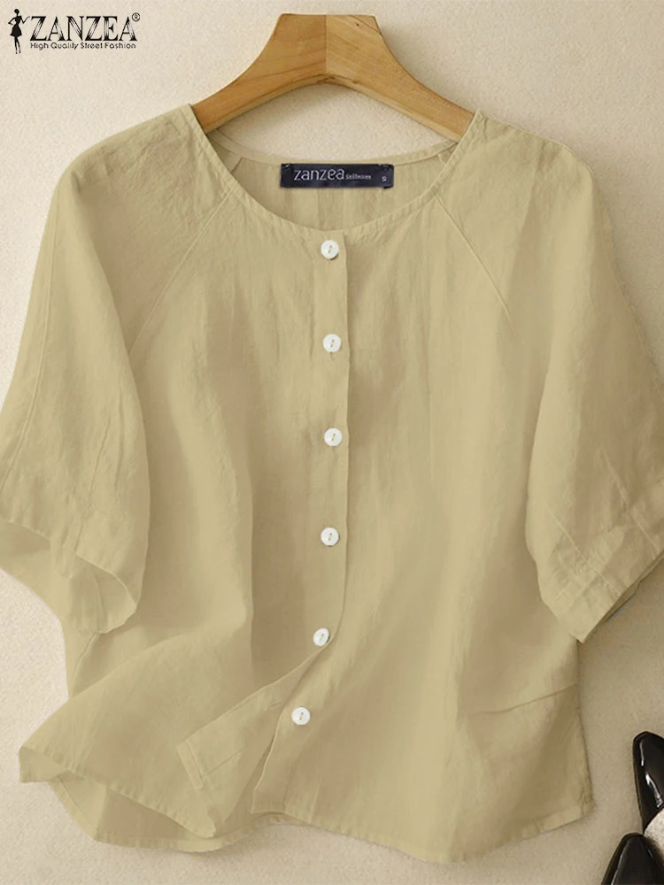 2025 Women Summer Shirts ZANZEA Elegant O Neck Short Sleeve Solid Work Blouse Casual Loose Cotton Tops Button Up Blusas Oversize - Image 3