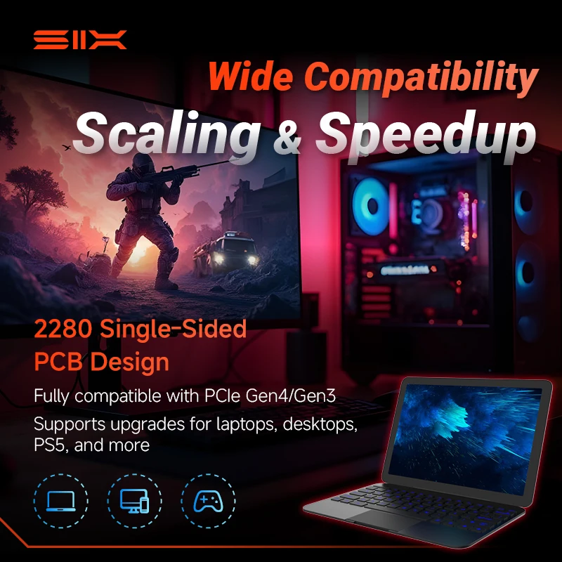 SIX PCIe 4.0 SSD 1 تيرا بايت/2 تيرا بايت/4 تيرا بايت NVMe M2 7350 ميجابايت/ثانية سرعة القراءة PCIe Gen4x4 لأجهزة ألعاب PS5 وDIY