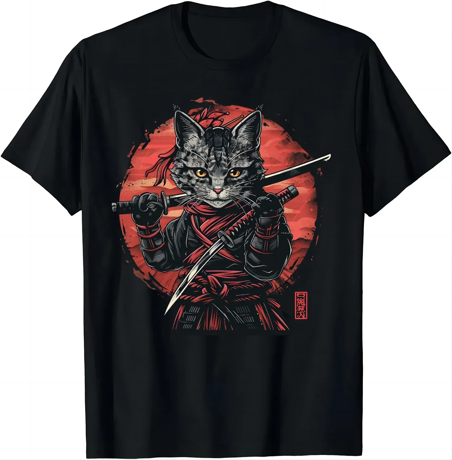 Japanese Samurai Cat Tattoo Kawaii Ninja Cat Printed Summer Woman T-shirt Street Fashion Harajuku Kawaii T-shirt Y2K Clothing