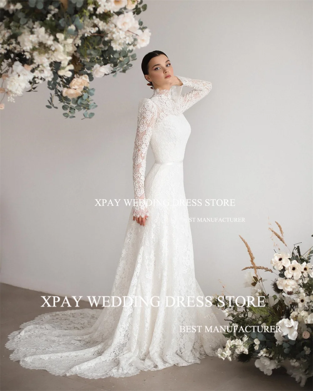 XPAY eleganti abiti da sposa a sirena con collo alto abito da sposa a maniche lunghe in pizzo pieno Sweep Train lunghezza del pavimento abito da sposa Boho