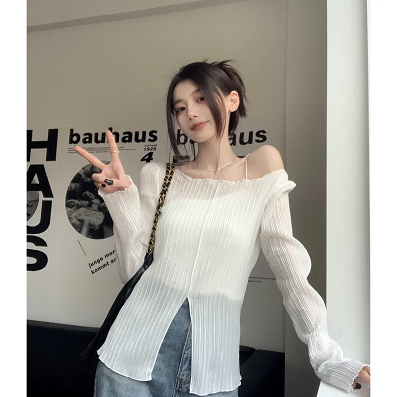 

Spring White Shirt Womens Blouse Simplicity Straight Collar Long Sleeves Casual Tops Sense of Design Fashion Vintage Slit Shirts