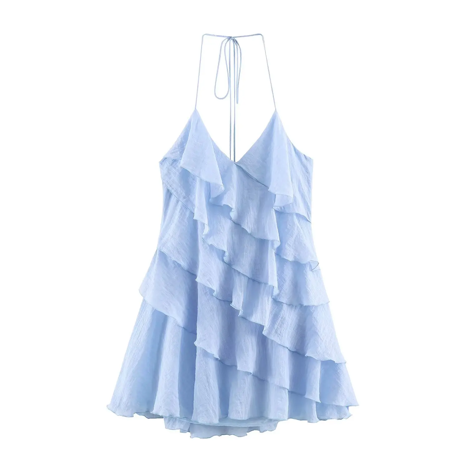 TFMLN Sommer Damen Neckholder-Minikleid, Lässiges Einfarbiges Rüschen-Stufenkleid, Ärmelloses Kurzes Kleid, Elegantes V-Ausschnitt Rückenfreies Damen-Outfit – Detail 4