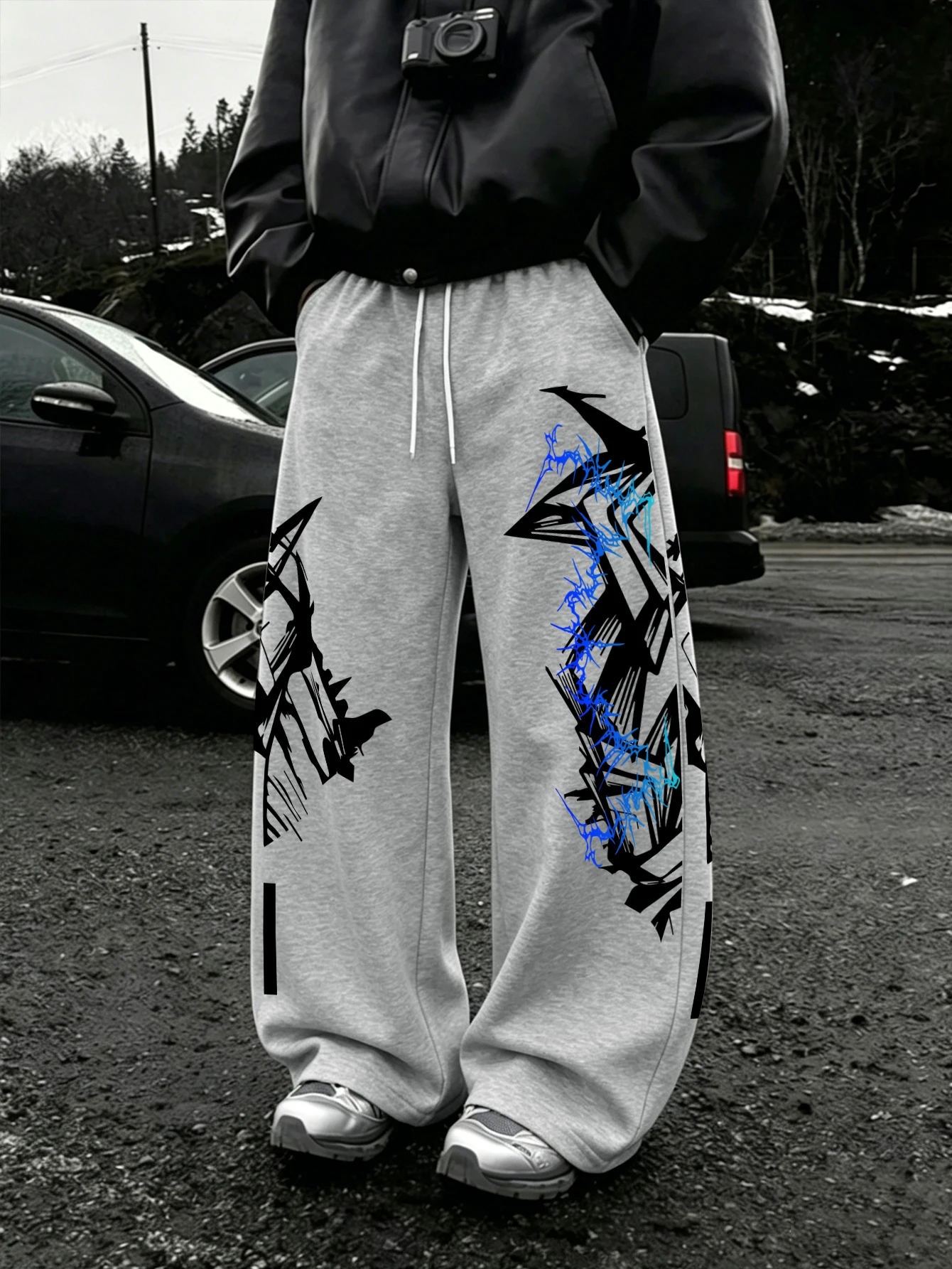 Y2K Abstract Blue Graffiti Geometric Print Mens Baggy Wide Leg Sweat Pants Loose Straight Drawstring Hip Hop Street Joggers