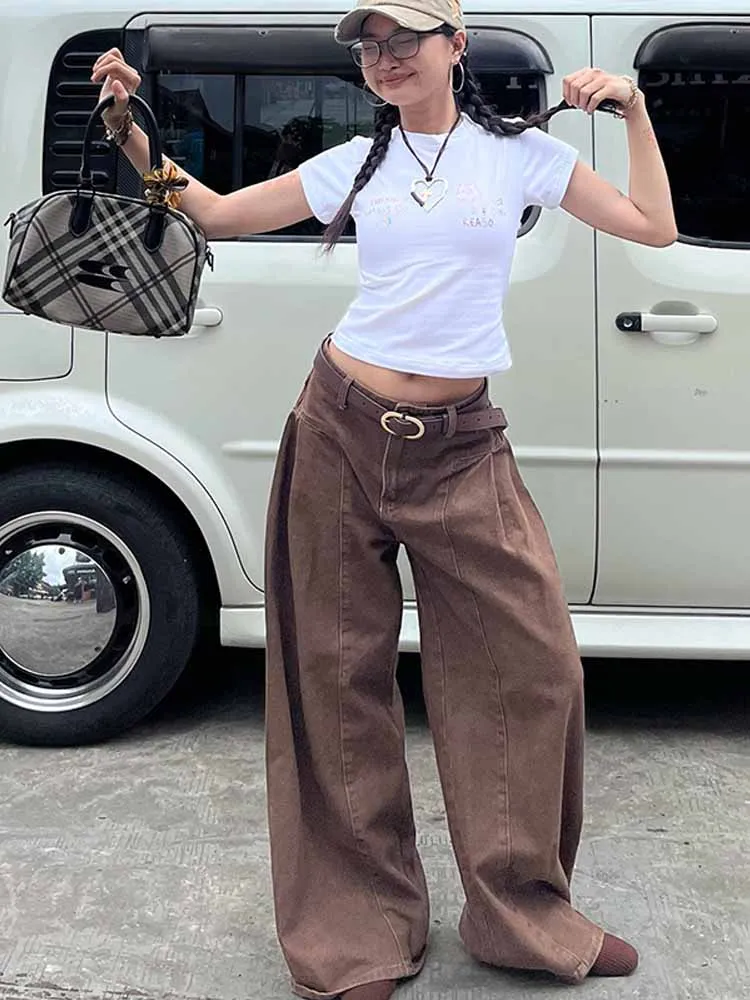 BKQU American Style Vintage Brown Jeans Women Streetwear High Waist Baggy Wide Leg Denim Pants Y2K Casual Harajuku 2000s Trouser