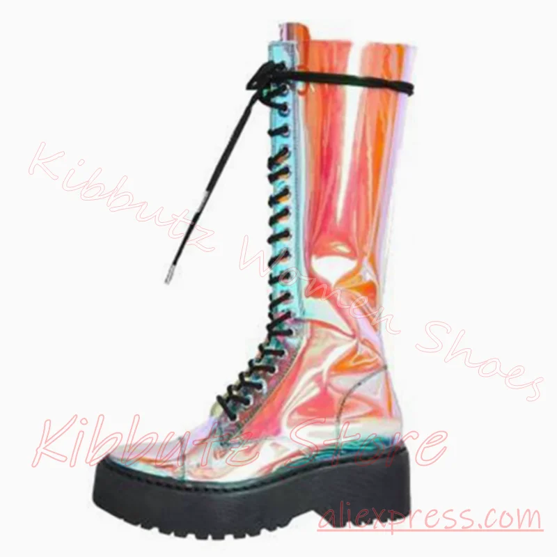 Transparent Platform Boot Knee High Lace Up Clear Shaft Round Toe Gothic Festival Punk Street Fashion Shoes Leather Concise Sexy