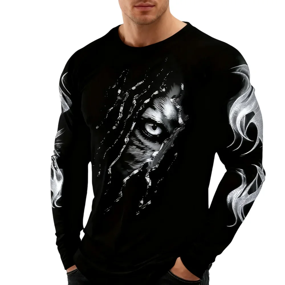 Men Clothing 3D Print Flame Scratch T-Shirt Autumn Daily Casual Round Neck Long Sleeve Pullover Loose Creative Comfortable Tops
