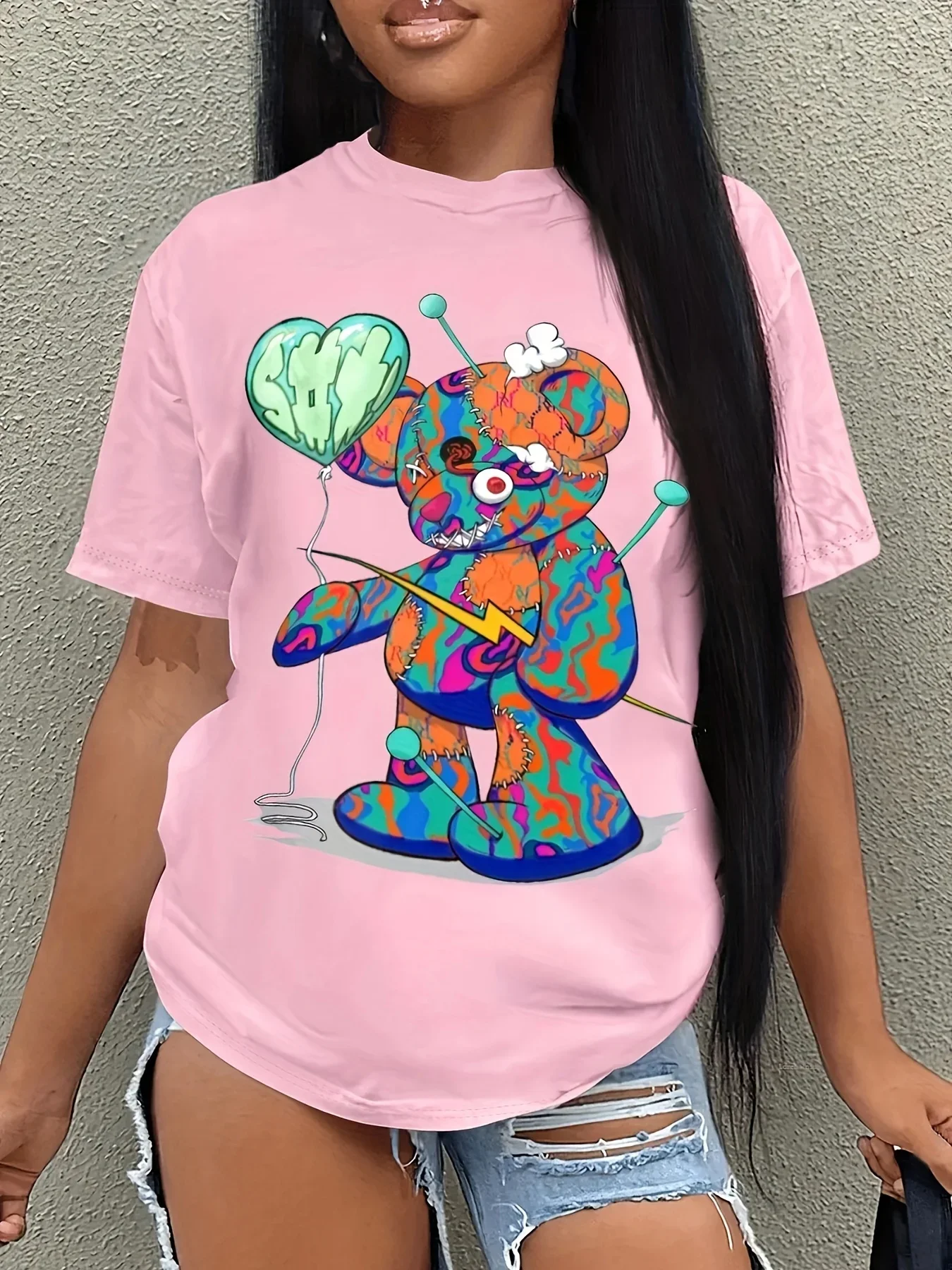 Camiseta con estampado de oso colorido, camiseta informal de manga corta con cuello redondo para primavera y verano