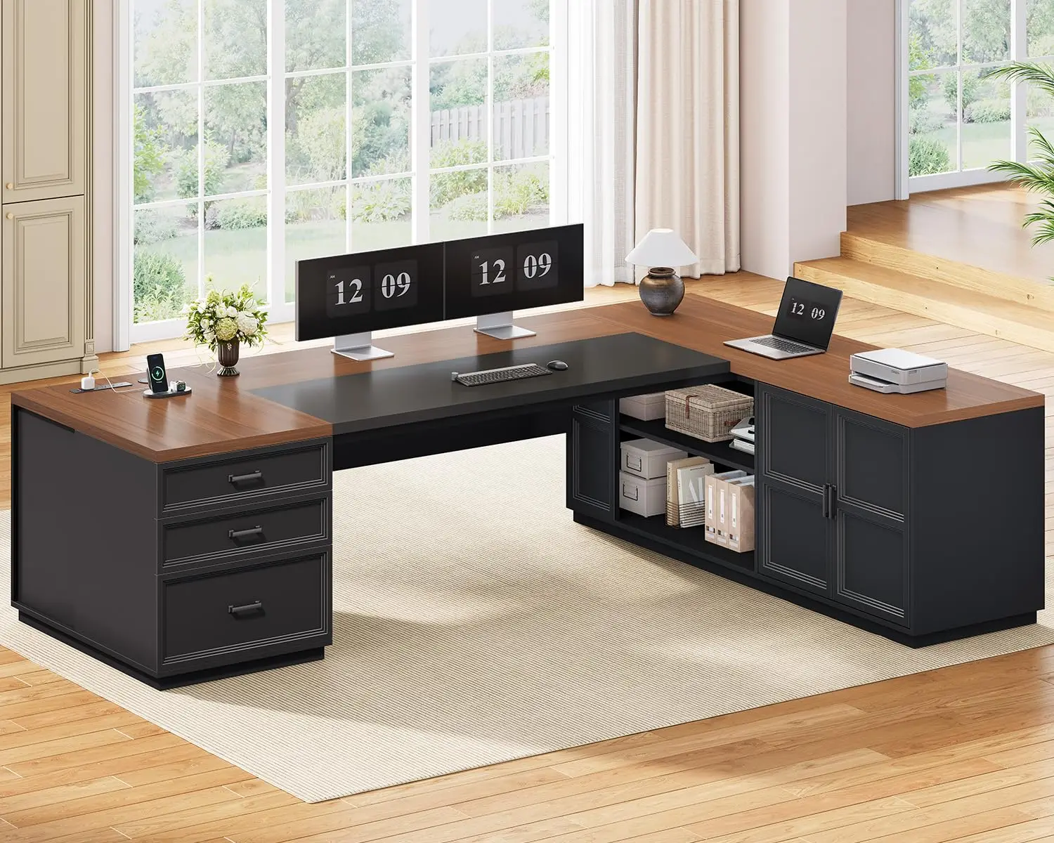 L Shaped Executive Desk With Charging Station, File Drawers, Adjustable Cabinet, CPU Stand, Office Desk, 78.7