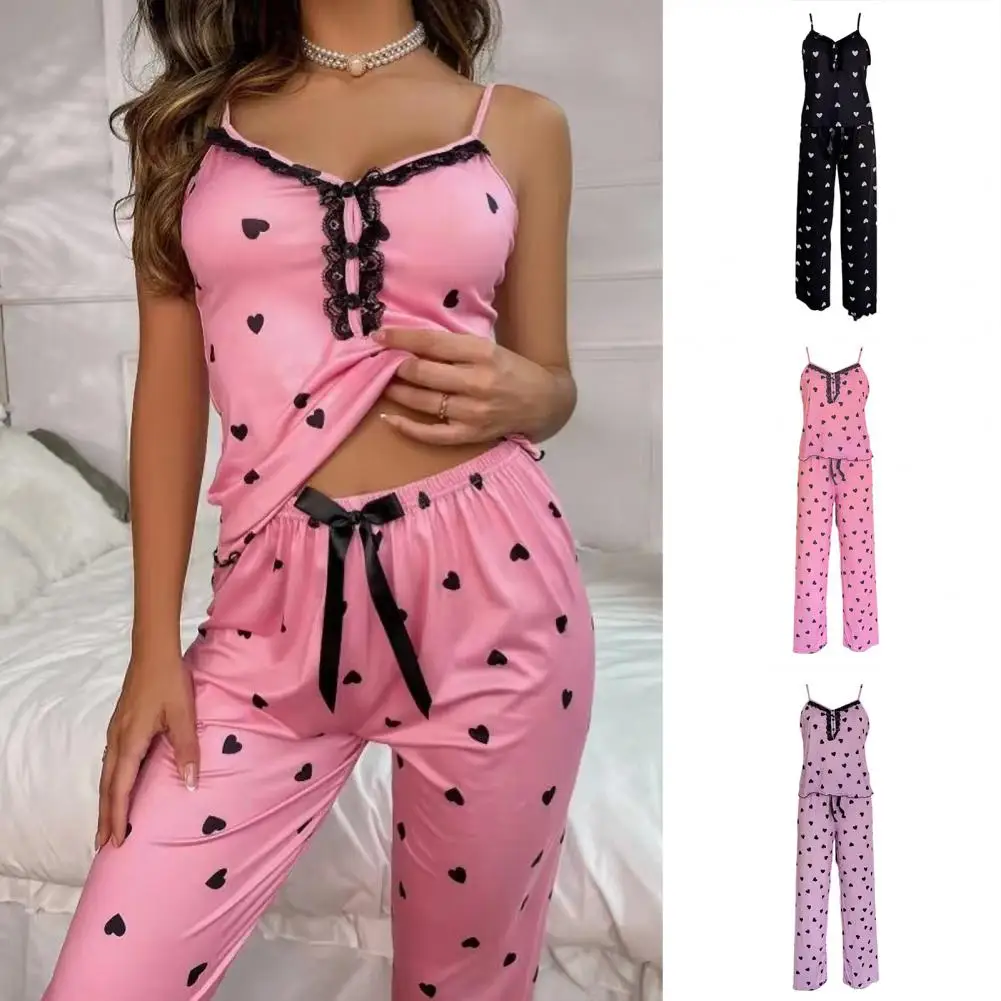 

Women Homewear Top Pants Suit Elegant Satin Heart Print Women's Pajamas Set with Lace Top Elastic Waist Trousers for Ladies