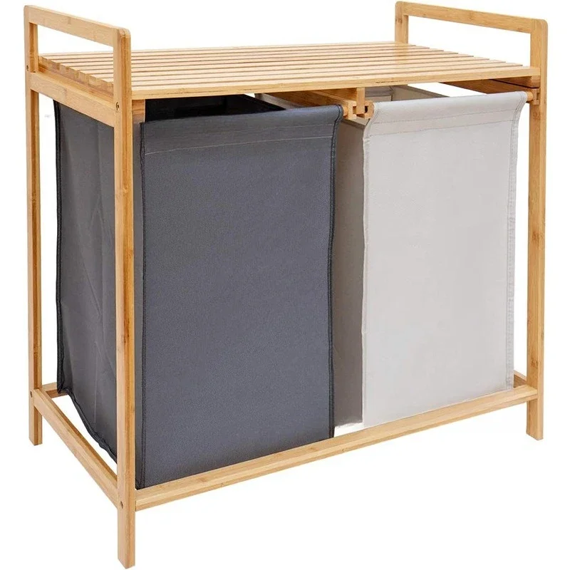 

Multifunctional storage rack made of wood and bamboo Dirty clothes Double storage frame Laundry balcony Bedroom bathroom