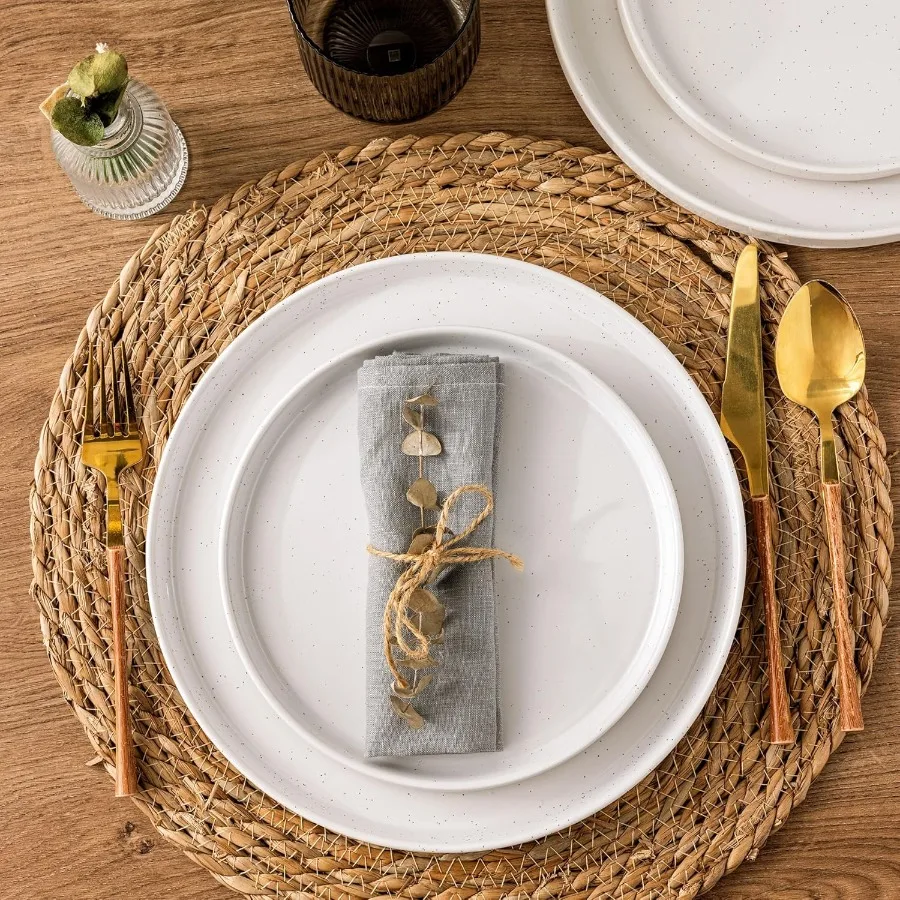 ชุดอาหารเย็นเซรามิกสำหรับ 6 ที่ ประกอบด้วยจานและชามสโตนแวร์ลายจุด พร้อมด้านล่างสีเทอร์ราคอตต้าแบบเรียบง่าย ทนทานต่อการขีดข่วน ใช้กับเครื่องล้างจานได้