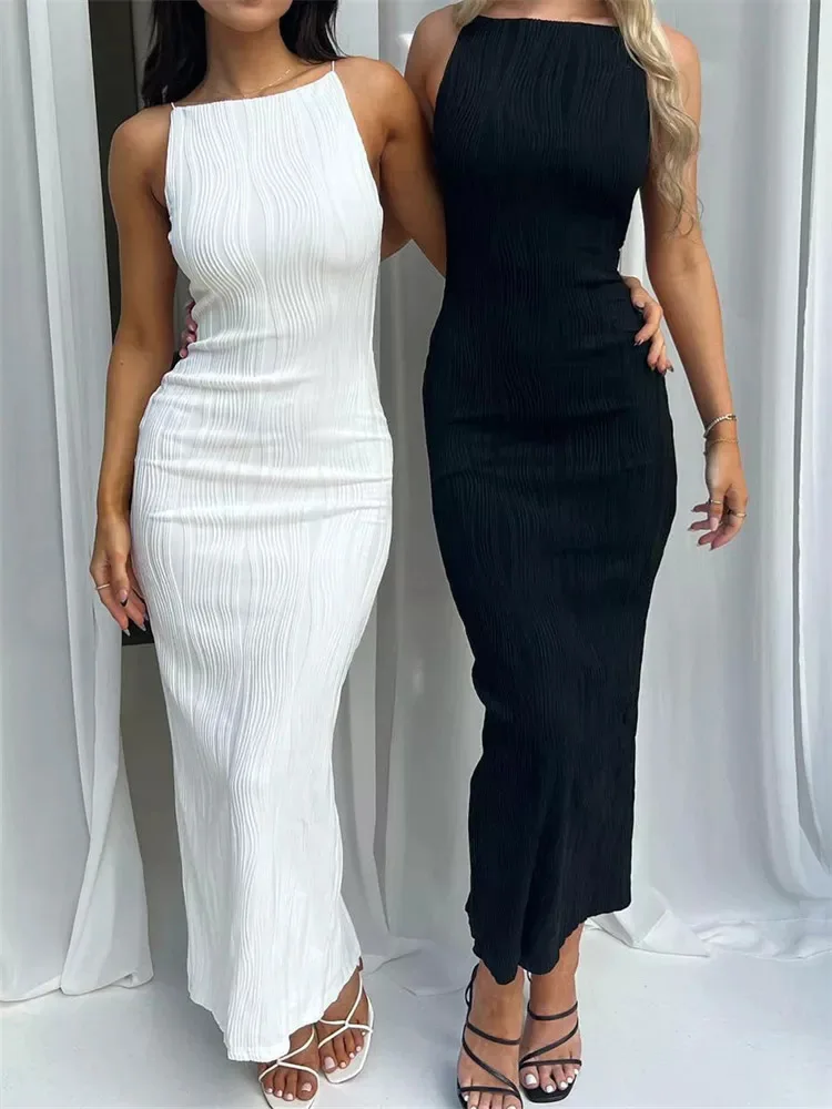 

2025 SanSheng new Club wear Female Vestido Outfits Sexy Women Long Dress Ruched Sleeveless Slim Solid Summer Party Back Split D