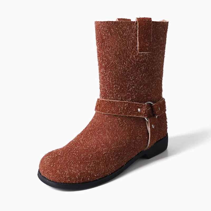 Snow Frosted Suede Metal Buckle Round Toe Flat Short Boots Woman Winter 2024 Brown Slip-On Mid-Calf Boots Retro Western Boots