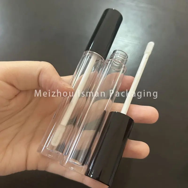 

50Pcs plastic round clear black lip gloss packaging refillable 5ml lip gloss containers tube with brush