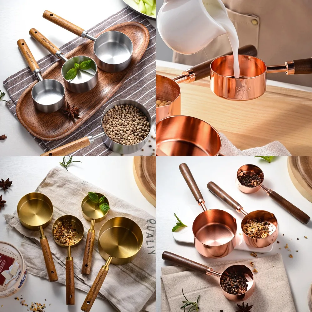 

Sturdy and Practical 8-Piece Stainless Steel Measuring Cups and Spoons Set with Wooden Handles for Kitchen Baking, Includes Bake