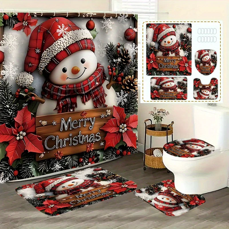 4PCS Christmas Bathroom Set – Shower Curtain with 12 Hooks, Toilet Seat Cover, Non-Slip Bath Mat – Holiday Home Decor
