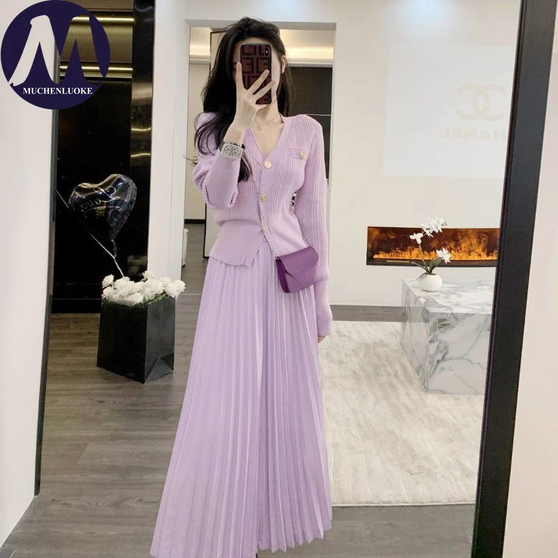 Women's Slim Fit Long Sleeve Knit Tops Set, High Waisted Pleated Skirt Korean Fashion Outfit, Casual, Spring, Autumn, New, 2 Pcs