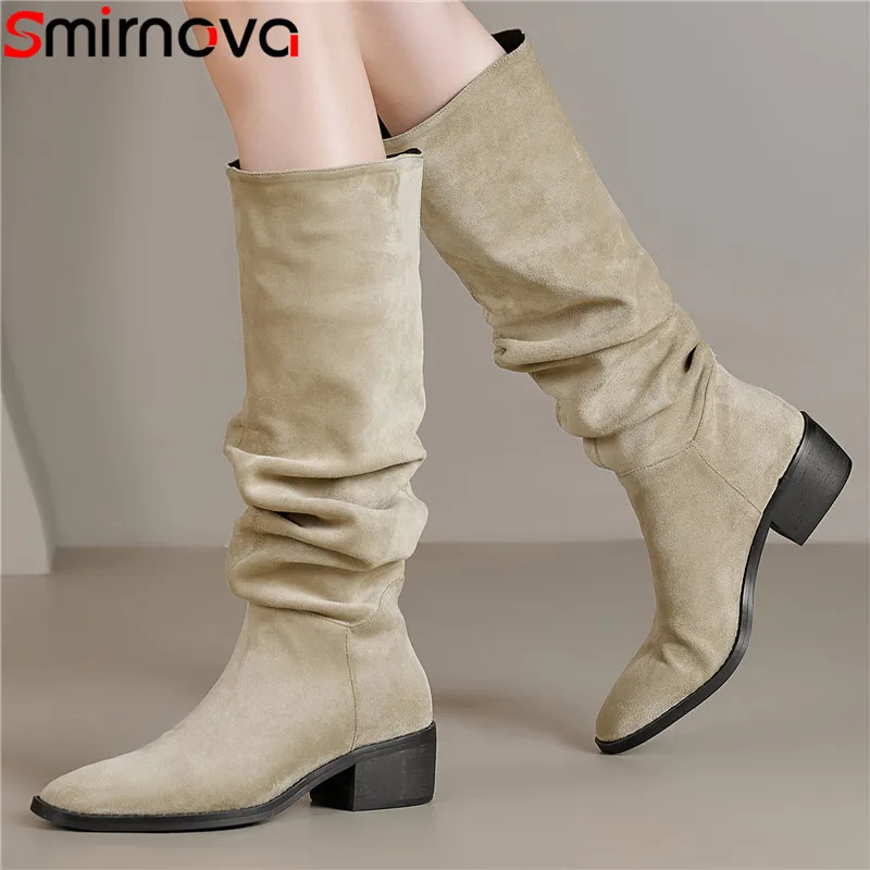 

Smirnova 2023 Size 34-40 New Pleated Flock Knee High Boots Office Ladies Slip On Stretch Boots Square Med Heels Winter Boots