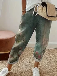 Plus-size Casual Women's Fashion Four Seasons Printed Flower Pants Wygodne, luźne spodnie z kieszeniami Casualowe spodnie Haren ze średnim stanem