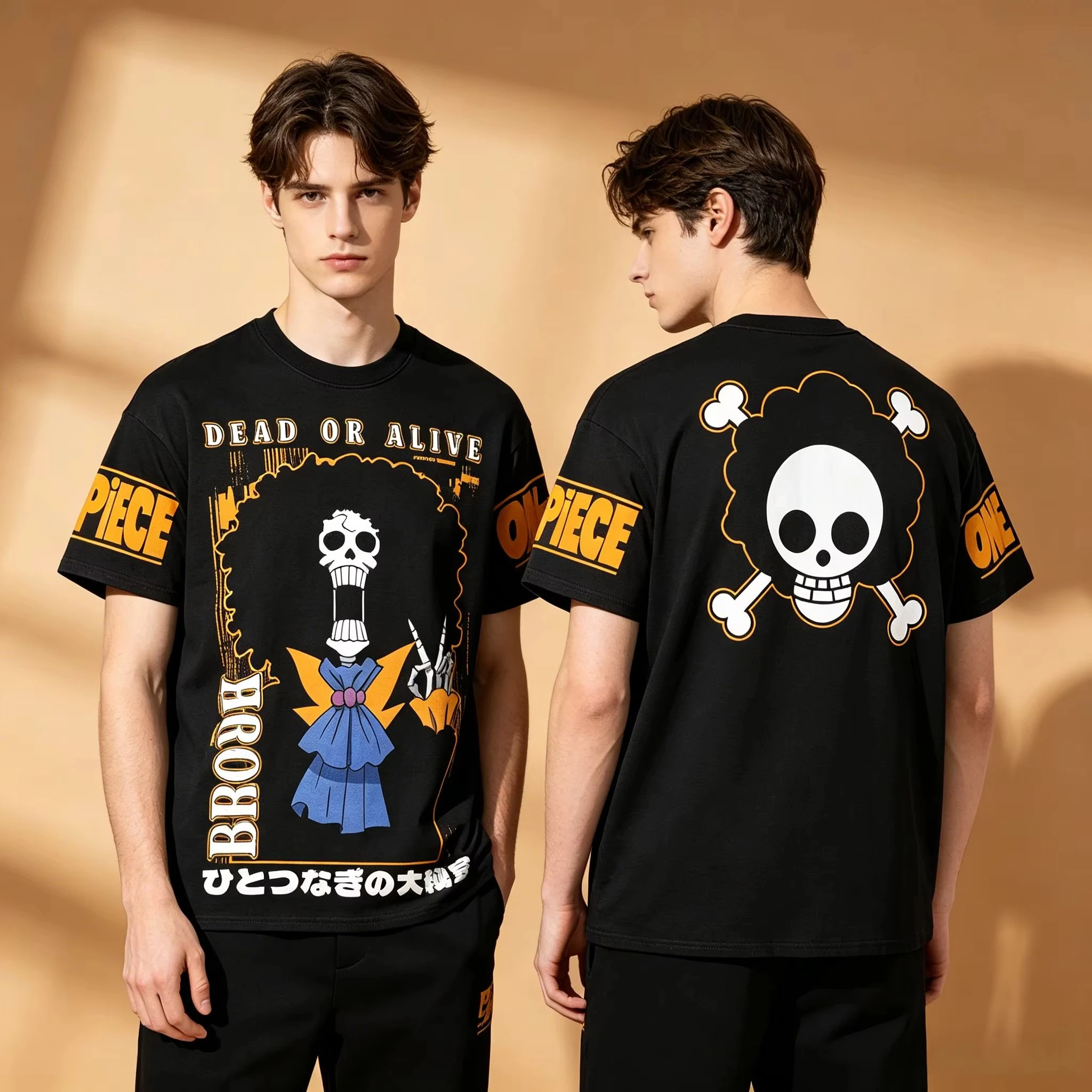 Men's One Piece Brook Dead or Alive Double Sided T-Shirt Black Anime Skull Pirate Graphic Cotton Men and Women Short Sleeve Tee