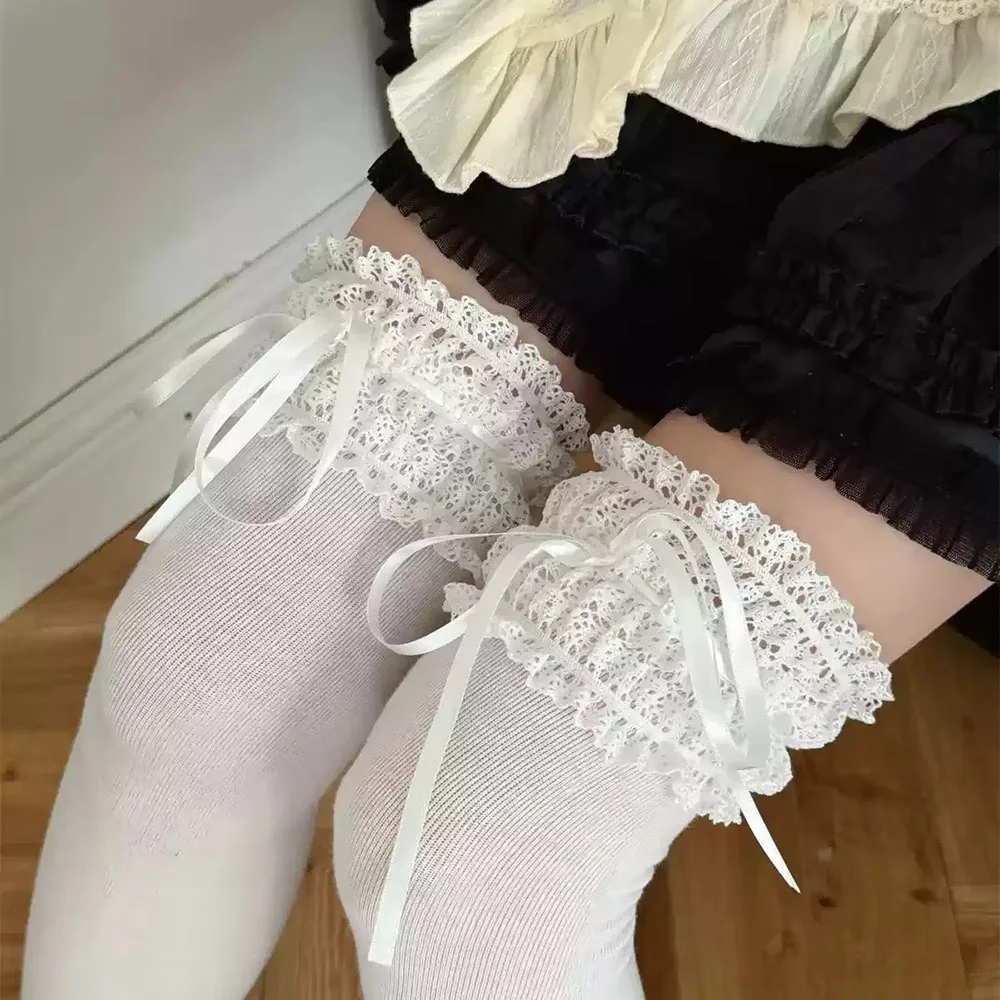 

Kawaii Lolita Thigh High Stockings Solid Color Lace Ruffle Women's Socks Cotton Socks Girls