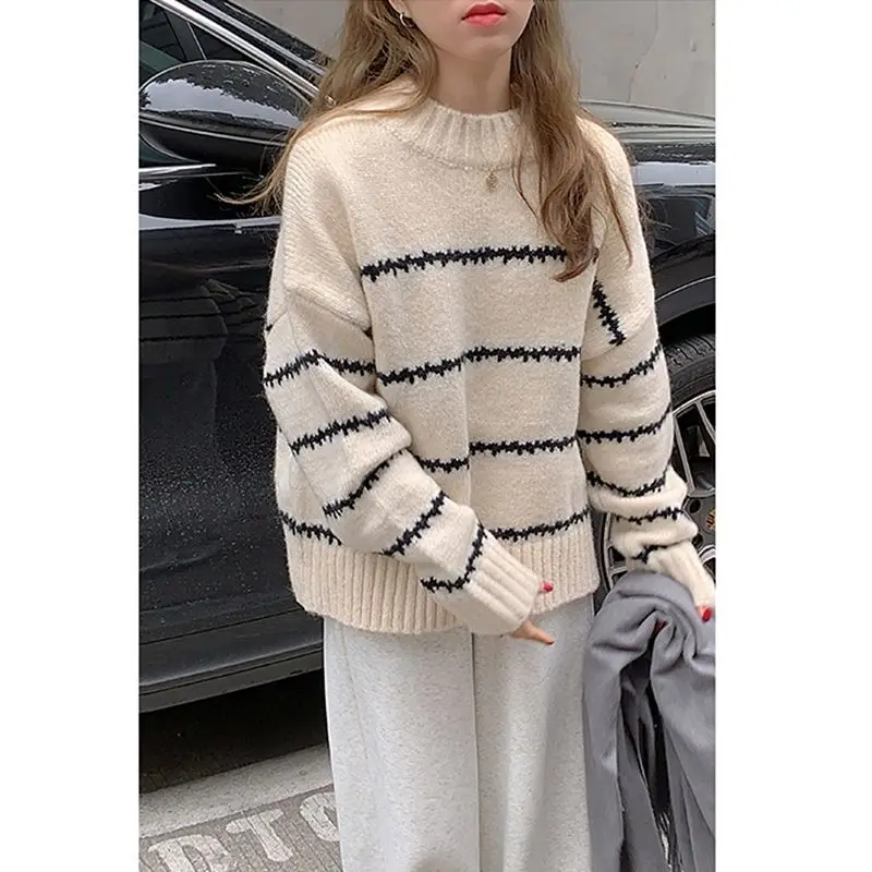 Lazy style round neck pullover sweater for women Korean style striped contrasting loose long-sleeved sweater top autumn y2k top