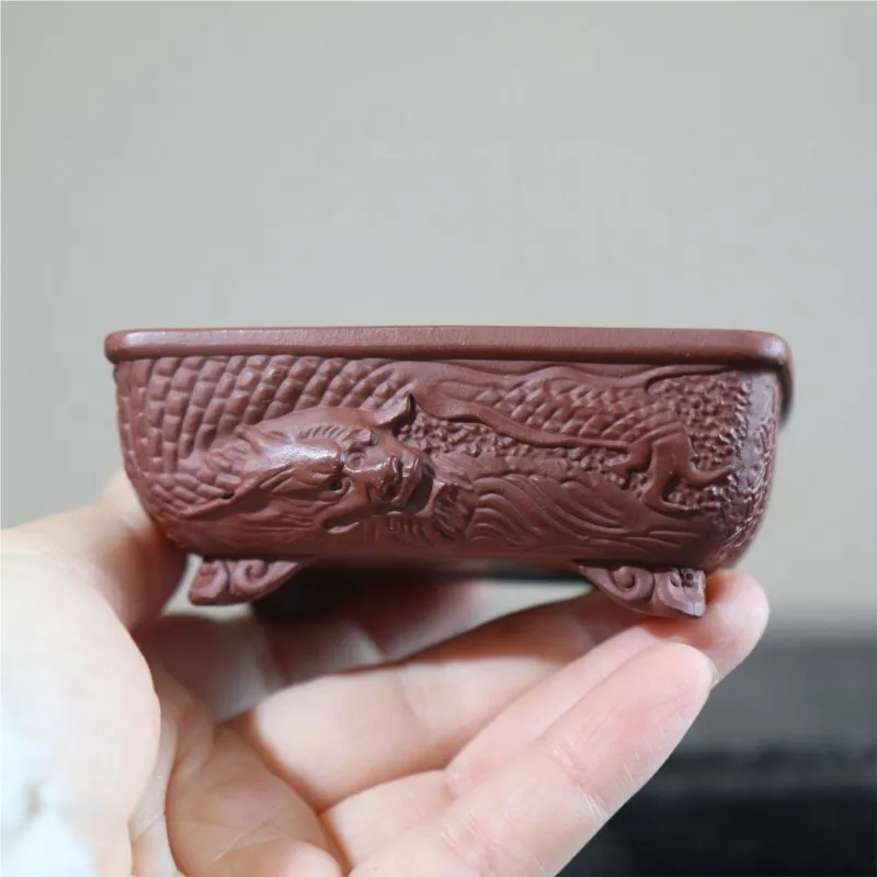 Purple Clay Flower Pot Miniature Bonsai Pot Palm Mounted Bonsai Dragon Carved Pot Small Classical Relief Handmade Flower Pot