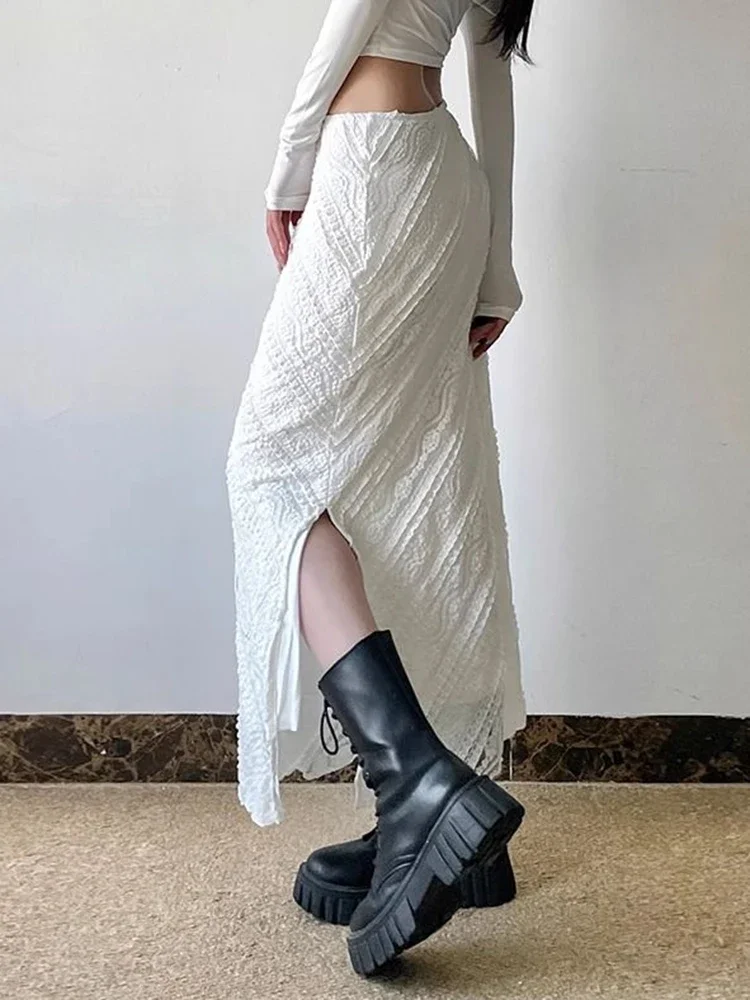 Elegante Weiße Spitze Langen Rock Frauen Vintage Schlank Sexy Schlitz Streetwear Röcke Sommer Retro Hohe Taille Design Dame Langen Rock