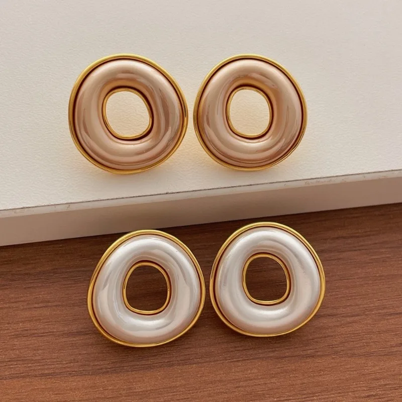 Minar Classic Imitation Pearl Hollow Out Metallic Irregular Round Dangle Earrings for Women 14K Real Gold Plated Copper Jewelry