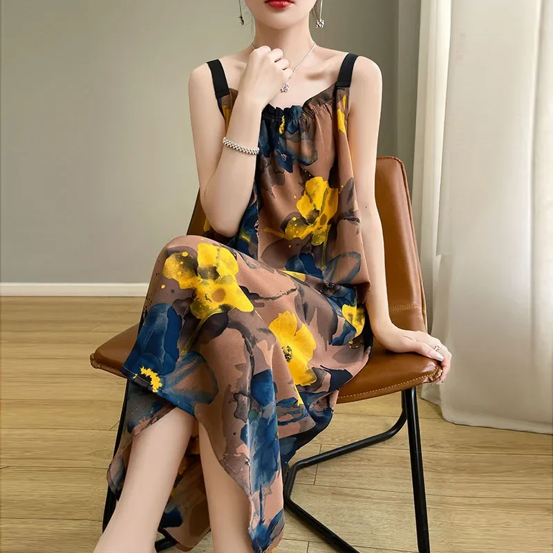 2025 여름 하이 웨스트 여성 새틴 드레스 백리스 롱 드레스 a 라인 아이스 실크 슬래시 넥 민소매 레이디 가운 섹시한 프린트 드레스