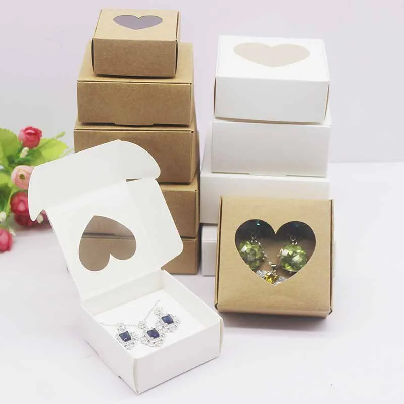 50Pcs Multi Sizes Kraft Paper Box With Heart Window Jewelry Display Cases Candy Small Gift Packaging Boxes For Party Decorations