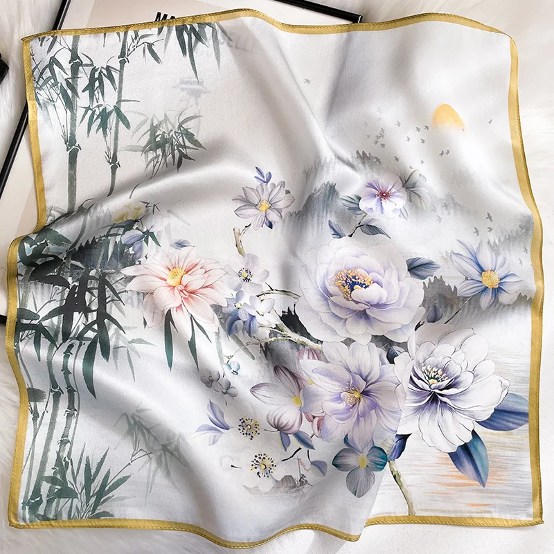 

Шарф из 100% чистого шелка, женский квадратный цветочный принт, повязка на шею, шали на запястье, накидки для женщин, платки, женский хиджаб, бандана