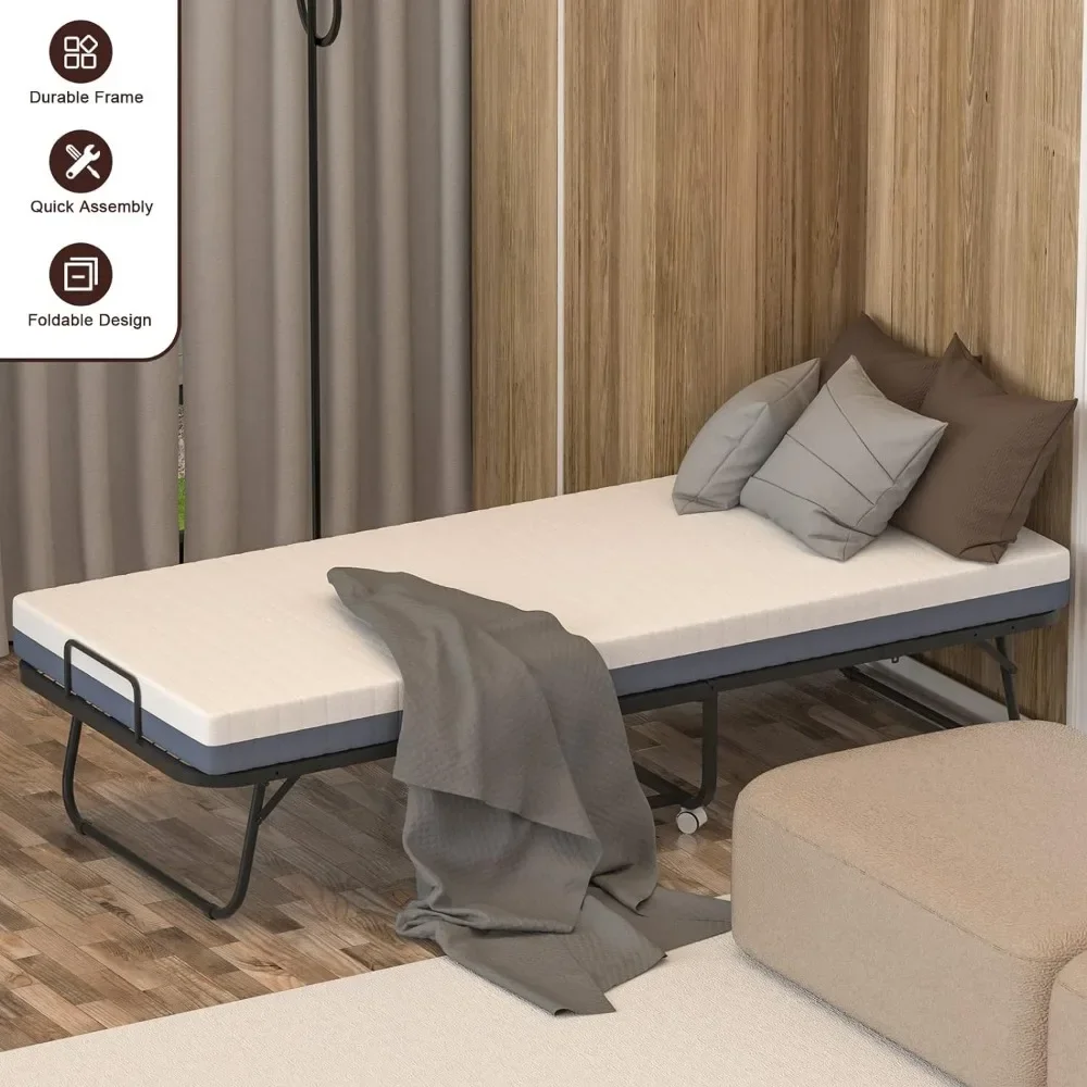 2026Folding Bed with Mattress Included Memory Foam, Portable Roll Away Adult Bed for Guest, Fold Up Soft Cot Size Bed, 75