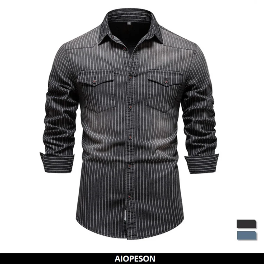 AIOPESON Cotton Men Denim Shirts Striped Stretch Long Sleeve High Quality Jeans Shirts for Men Casual Slim Cowboy Shirts Man