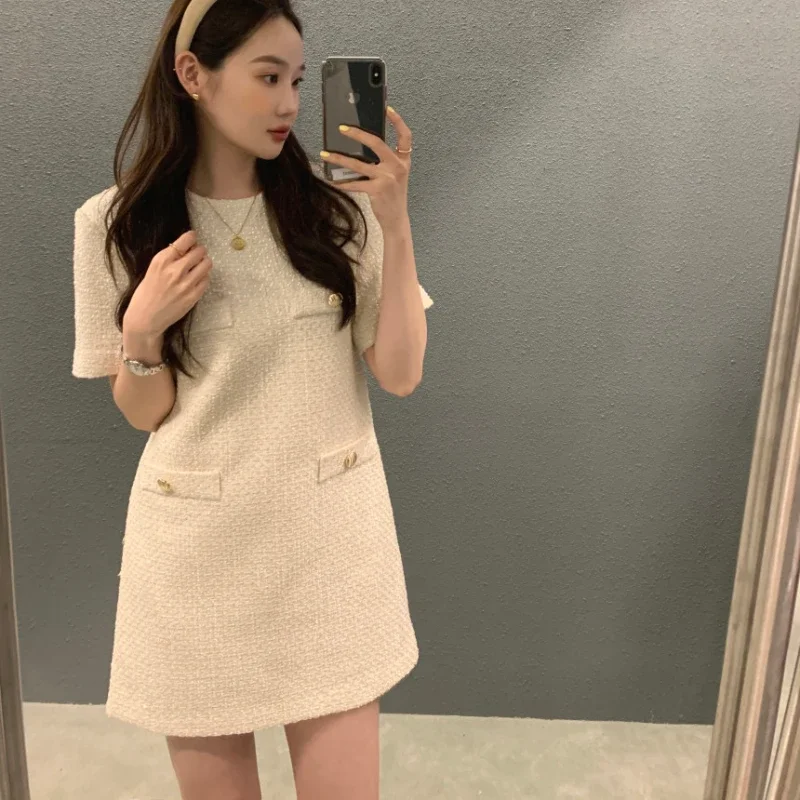 Simple O Neck Short Sleeve Elegant Tweed Dress Women Summer 2024 Vintage All Match Loose Robe Femme Korean Style Chic Vestidos