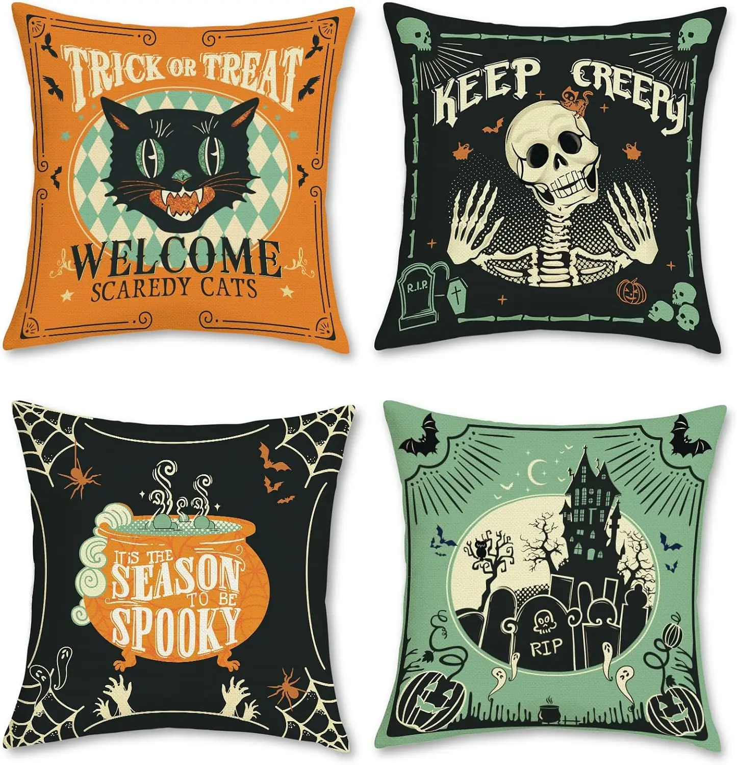 Vintage Halloween Set of 4 Double Sided Throw Pillow Covers Cat Skull Ghost Castle Bats Retro Cushion Cases Couch Decor