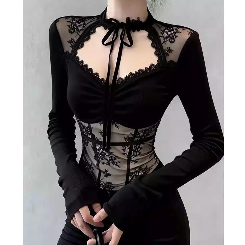 Sexy Long Sleeve T-Shirt Women's Lace Trim Slim Fit Patchwork Unique Base Shirt Top Hollow out Pure Desire Lace Splicing