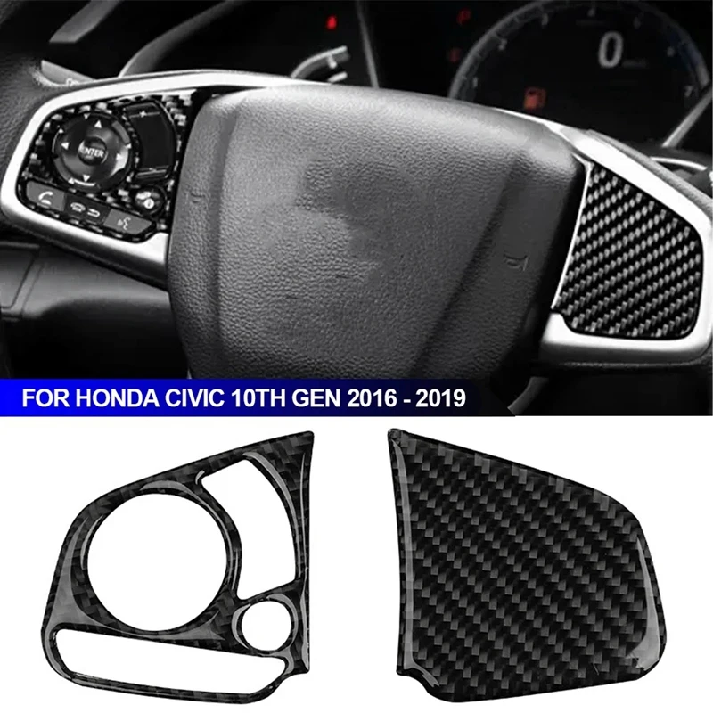 2PCS Car Styling Carbon Fiber Steering Wheel Panel Cover Trim For Honda Civic 10Th Gen 2016 2017 2018 2019 2020 2021