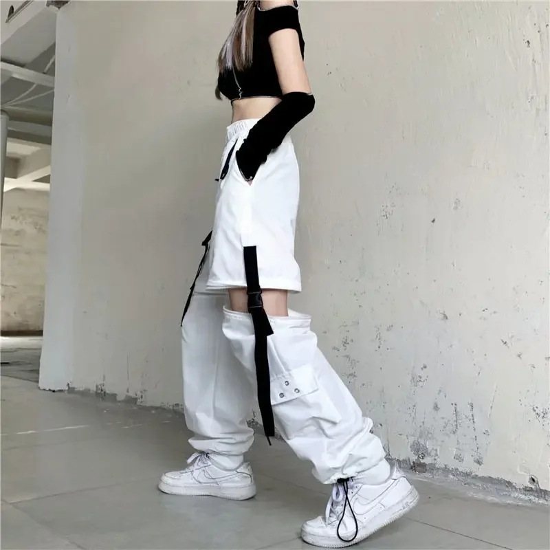 Women Y2k Pants Korean Techwear Emo White Streetwear Cargo Harajuku Loose Patchwortk Alt High Waist Casual Removable Trousers