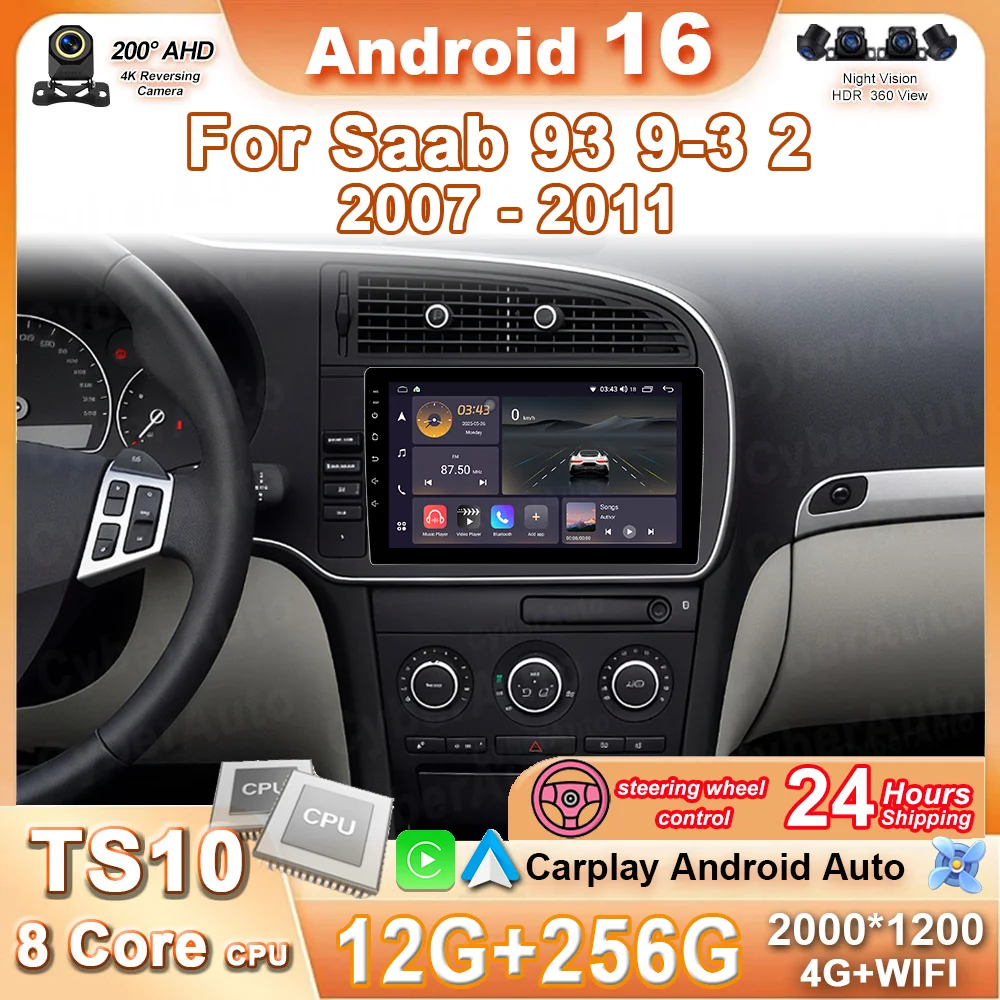 Android 16 For Saab 93 9-3 2 2007 - 2011 Carplay Android Auto QLED Car Radio GPS Navigation No 2din DVD Stereo Bluetooth CAM 4G