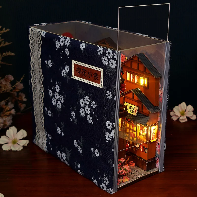 DIY Book Nook Shelf Insert Kits Miniature Dollhouse with Furniture Room Box Cherry Blossoms Bookends Japanese Store Toys Gifts