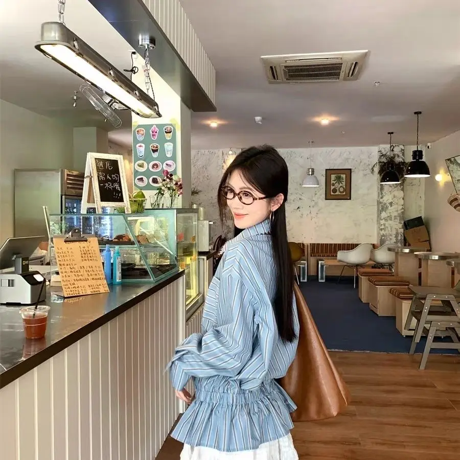

Korejpaa 2025 Autumn New Shirts Contrasting Striped Long Sleeved Women Shirt Casual Turn-down Collar Top Slim Waist Blusas