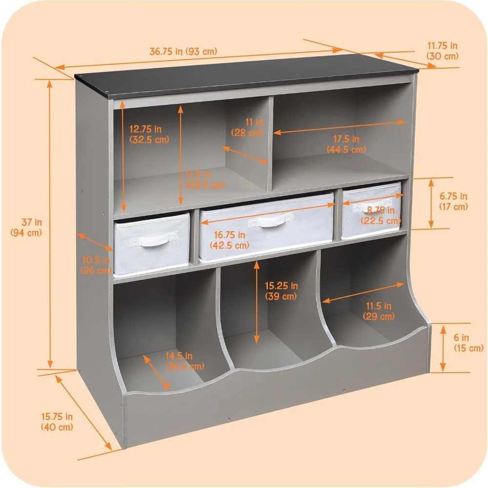 Kids Toy Storage Organizer with 3 Removable Baskets and Open Shelves - Woodgrain Gray Unit for Bedroom Playroom