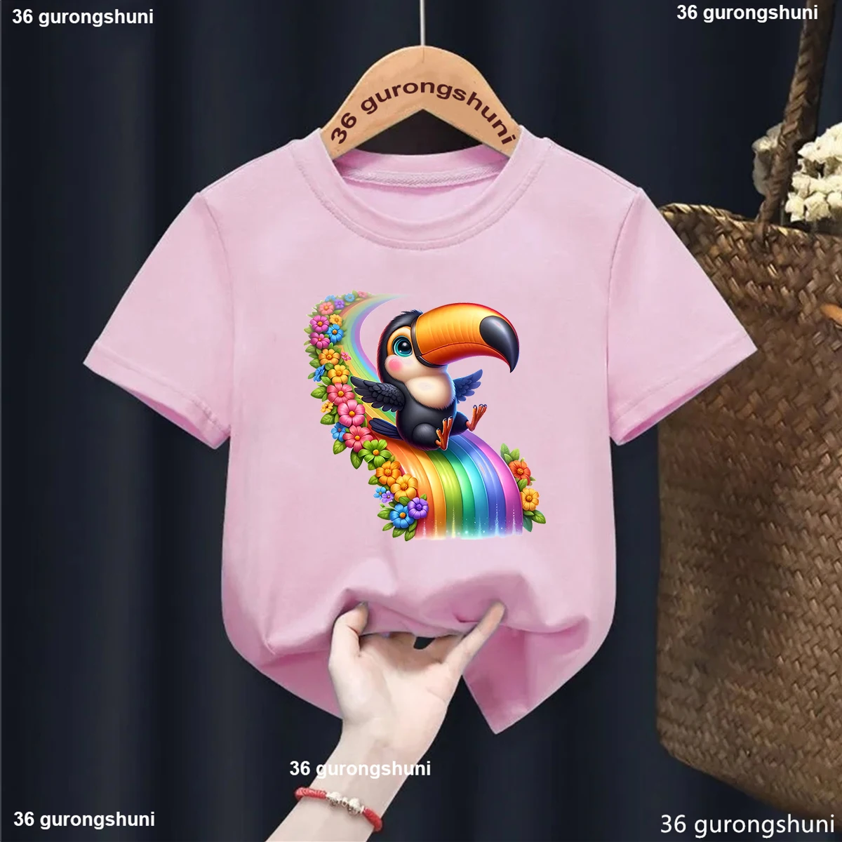 Rainbow Flowers Toucan Printed Tshirt Girls/Boys Funny Cool Kids Clothes Harajuku Kawaii Children'S Clothing Bird T-Shirt