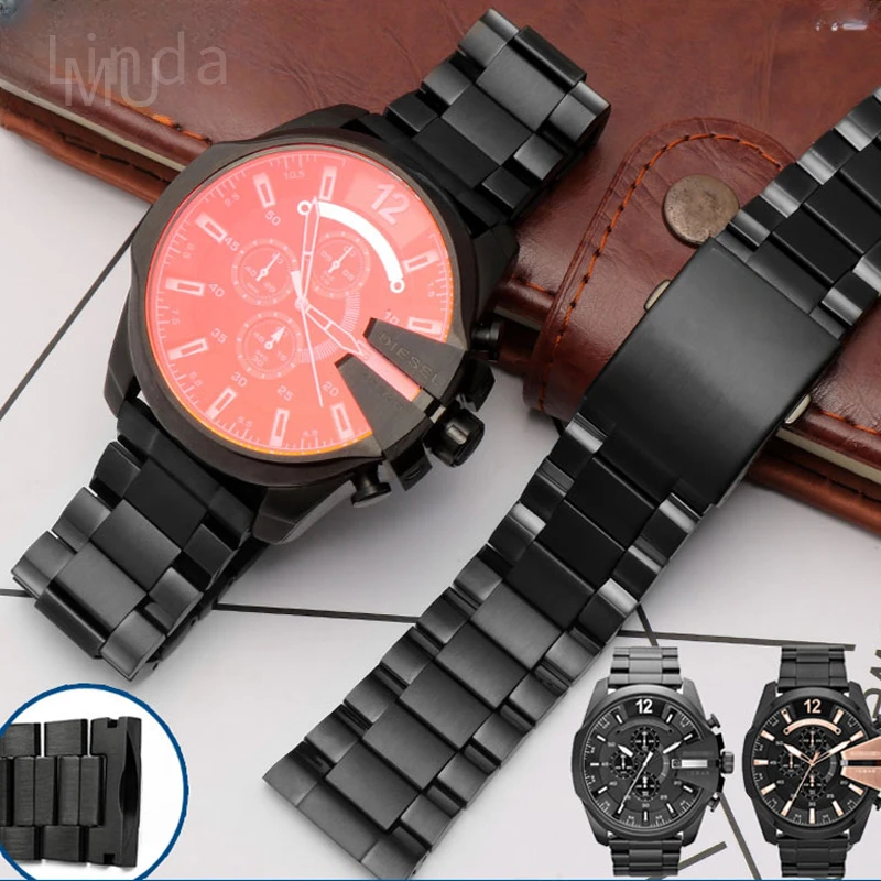 For Diesel Dz4318 dz4323 dz4283 dz4309 Solid Stainless Steel Glossy Waterproof Black Watch Strap with Arc Interface 26mm