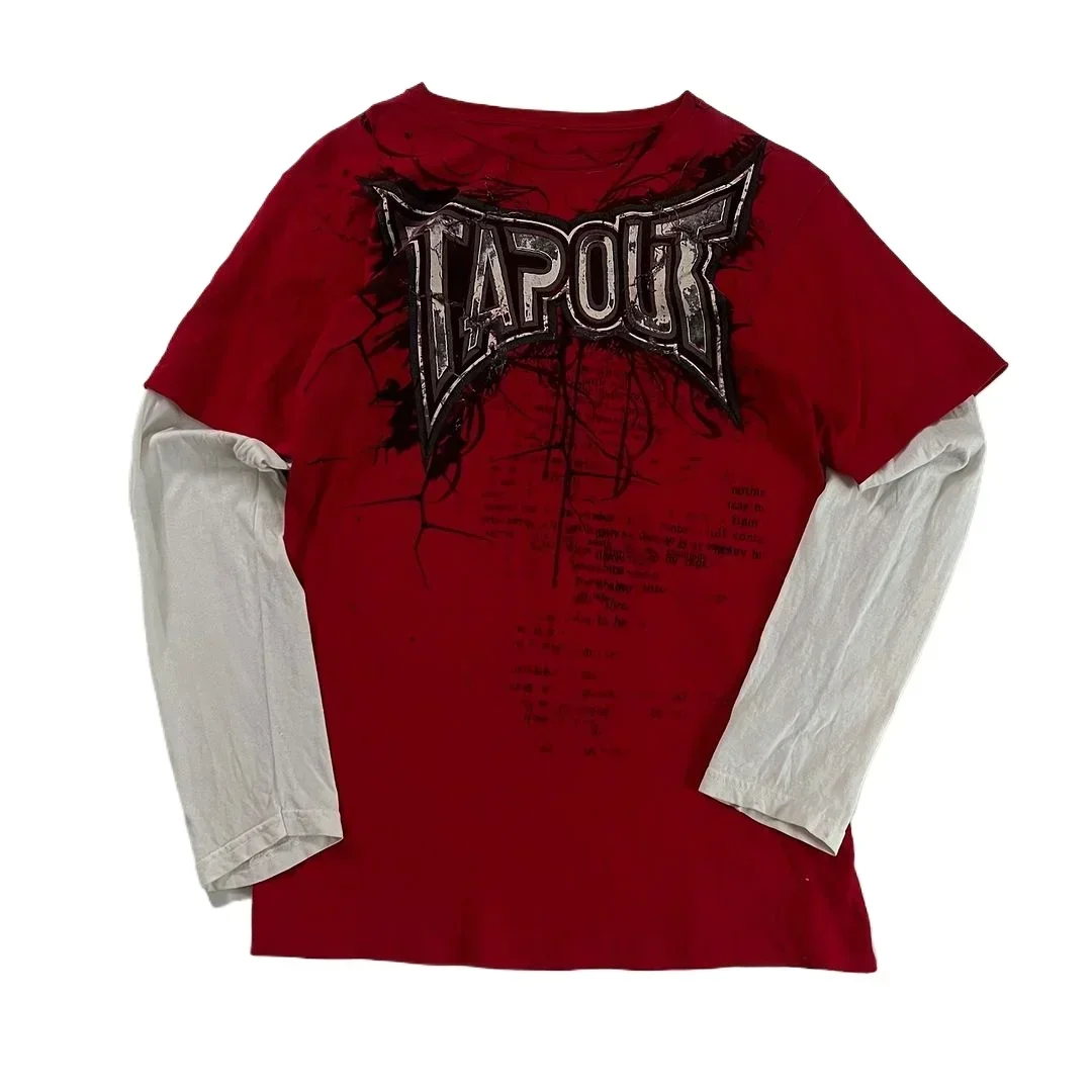 TAPOUT New Y2K Red  Printing  T shirt Men  Hip Hop Round Neck Oversized Long Sleeved Casual Gothic Clothing Tops Streetwear