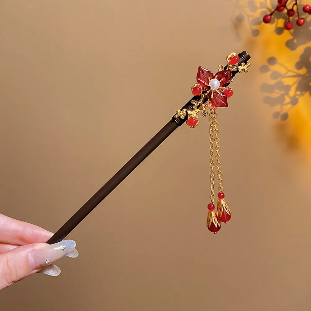 Classical Flower Wooden Hair Stick Red New Year Hanfu Hairpin Hanfu Headwear Chinese Style For Girl