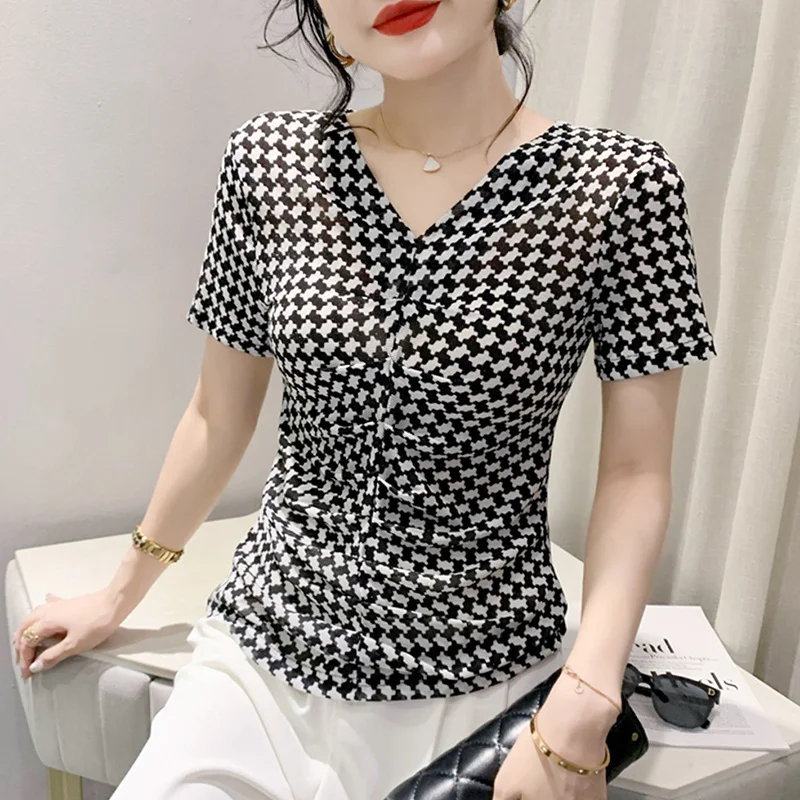 #5628 Summer Plaid Mesh T Shirt Women V-neck Folds Sexy Vintage Tshirt Female Korean Fashion Office T-shirt Femme Thin Elastic